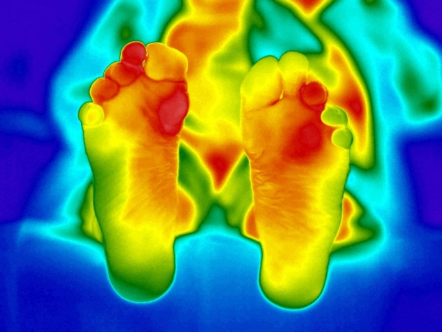 Klinisches Wärmebild beider Fusssohlen mit lokalen Temperaturunterschieden