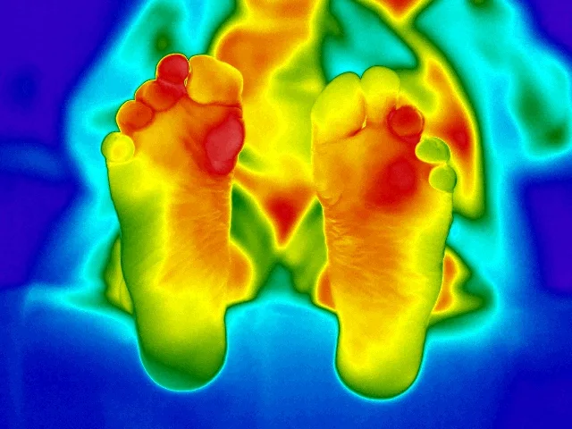 Diabetischer Fuss · Ein umschriebenes plantar wärmeres Areal und eine Links-rechts-Asymmetrie wurden sichtbar.