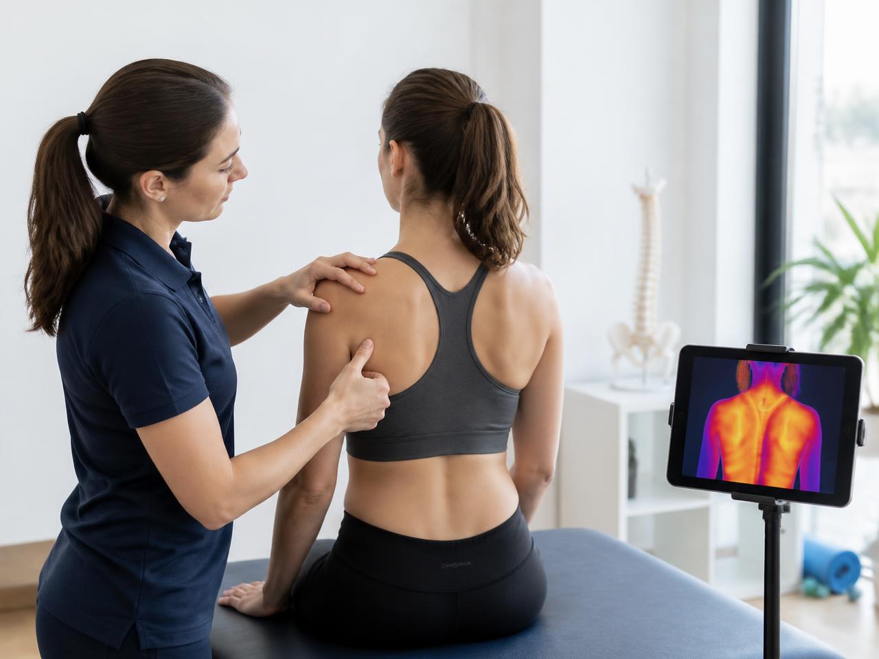 Physiotherapeutin untersucht die Schulter einer Patientin, daneben ein Tablet mit Wärmebild